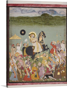  Immerse yourself in the regal aura of “Maharana Sangram Singh of Mewar out Hunting on his Horse, Jambudvipa”. This exquisite print captures the grandeur of a bygone era, where Maharana Sangram Singh, adorned in opulent attire, rides his majestic horse amidst a lush landscape. 