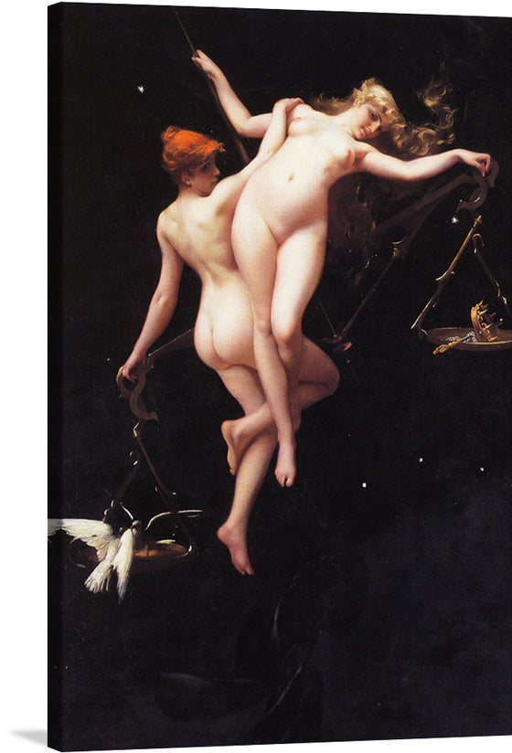 “The Balance of the Zodiac” by Luis Ricardo Falero is a mesmerizing oil painting that seamlessly blends sensuality, mysticism, and celestial wonder. Falero, a Spanish painter known for his captivating female nudes and fantastical themes, masterfully captures the delicate equilibrium between earthly desire and cosmic forces. In this enchanting piece, a bewitching woman stands poised on a celestial sphere, her ethereal form bathed in moonlight. 