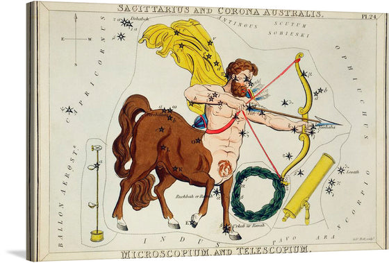 Sidney Hall’s “Astronomical Chart of Sagittarius (1831)” is a stunning piece of art that captures the beauty of the celestial realm. The artwork features the zodiac sign Sagittarius, depicted as a centaur holding a bow and arrow, aiming upwards, against a backdrop of stars. 