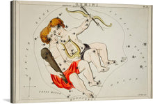  This celestial print, featuring the constellation Gemini, is a stunning blend of art and astronomy. The artwork showcases two figures intertwined in a dance amongst the stars, embodying the dual nature of the Gemini sign. They are surrounded by an intricate map of constellations, each star and line meticulously detailed to bring astrology and mythology to life. 