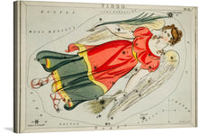  This celestial print, featuring the constellation Virgo, is a stunning blend of art and astronomy. The artwork showcases a maiden, depicted in vibrant hues of red and green, gracefully floating amidst the stars. Each star is meticulously marked, offering both an artistic and educational experience. This piece serves as a bridge between art and science, making it a unique addition to any space. 