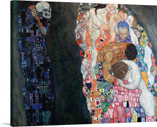  “Death and Life (1910-1915)” by Gustav Klimt is a masterpiece that captures the eternal dance between life and death. The artwork depicts Death, a sinister skeletal figure adorned in a robe of hauntingly beautiful geometric patterns, looming ominously over Life—a vibrant whirlwind of human figures intertwined amidst a kaleidoscope of colors and shapes.
