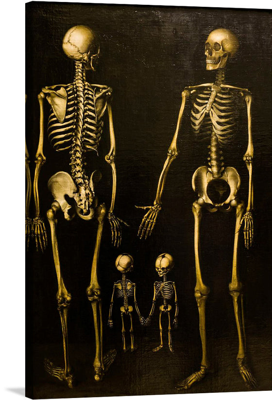 This artwork is a hauntingly beautiful depiction of four skeletons, glowing with an ethereal light against a dark backdrop. The two adult skeletons stand tall, while two smaller ones hold hands between them, symbolizing connection amidst the enigmatic atmosphere. The meticulous detail in the bone structure and the stark contrast of light and shadow bring this piece to life. 