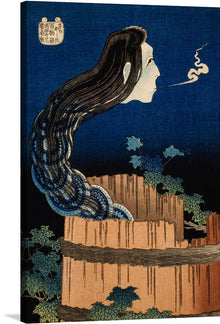  Immerse yourself in the enigmatic allure of “The Plate Mansion by Katsushika Hokusai (1760-1849)”. This exquisite print captures the haunting elegance and intricate detail characteristic of Hokusai’s legendary artistry. A spectral figure, rendered with exquisite linework, emerges from the ethereal backdrop of deep indigo, her gaze piercing through the veil of time. 