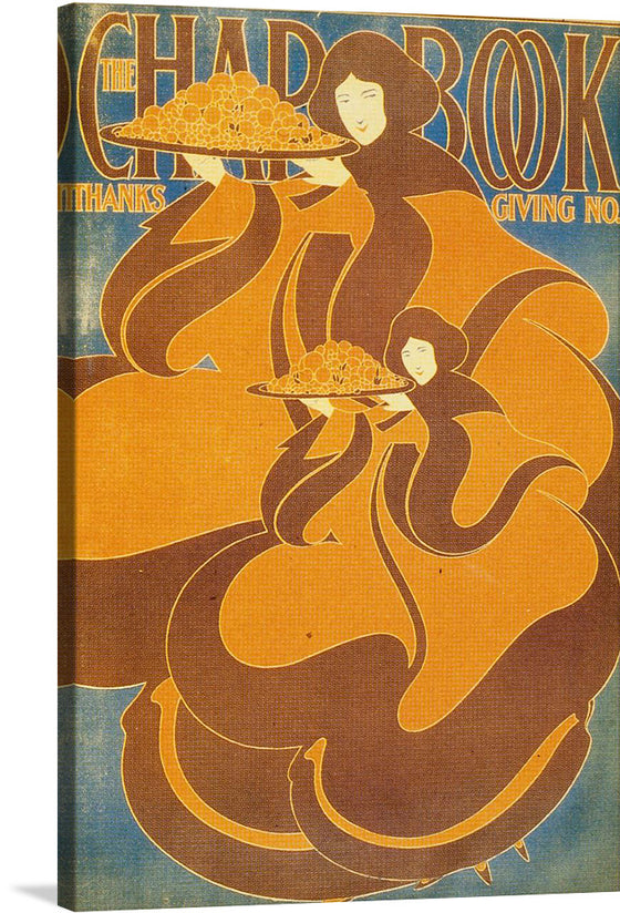 Immerse yourself in the enchanting world of “The Chap-Book,” now available as a premium print. This captivating artwork, characterized by its mesmerizing swirls of rich, golden hues, features a graceful figure at its center. The woman, depicted in profile view, appears to be serving or presenting something on two trays, adding an element of narrative intrigue.