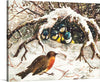 Immerse yourself in the serene beauty of winter with this enchanting art print. A tender scene unfolds as a robin, adorned in its warm russet and gray plumage, delivers a heartfelt Christmas greeting to a huddle of vibrant, yet chilly, tits nestled within their snow-laden sanctuary. The intricate detailing captures the frosty splendor of the season and the intimate exchange between woodland companions.