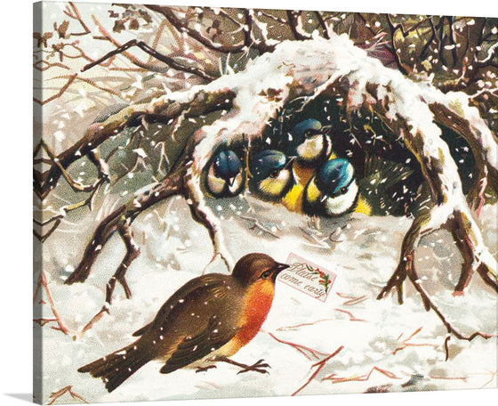 Immerse yourself in the serene beauty of winter with this enchanting art print. A tender scene unfolds as a robin, adorned in its warm russet and gray plumage, delivers a heartfelt Christmas greeting to a huddle of vibrant, yet chilly, tits nestled within their snow-laden sanctuary. The intricate detailing captures the frosty splendor of the season and the intimate exchange between woodland companions.