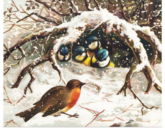 "Vintage Christmas Postcard Depicting Birds in Snow (ca. 1800–1900)"