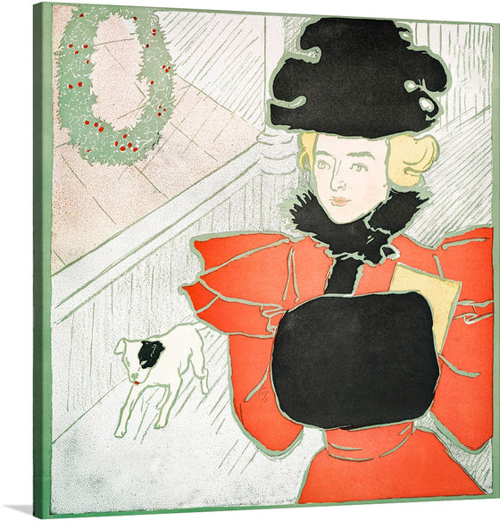 Step into a world of timeless elegance with this exquisite print. The artwork captures a distinguished figure in a vibrant red coat ascending a beautifully detailed wooden staircase. A loyal canine companion adds a touch of warmth and familiarity to the scene. The lush greenery of the wreath and the intricate lines of the staircase draw you into a narrative that’s left to your imagination.