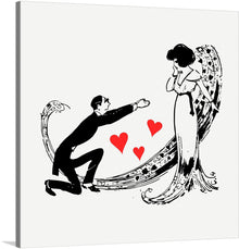  This captivating artwork now available as a high-quality print, transports you to a timeless scene of romance and chivalry. It showcases an individual in a suit, kneeling before another individual in an elegant dress, against the backdrop of ornate patterns that echo a bygone era of grandeur. 