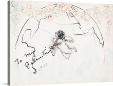  “To My Valentine (1908)” by Charles Demuth invites you into a realm of timeless romance. Within this delicate masterpiece, an ethereal cherub hovers, cradling a heart-shaped token—a valentine suspended in mid-air. The swift, expressive lines of the cherub evoke movement and emotion, while the faint floral patterns on the elegantly sketched globe hint at a love that transcends borders. 
