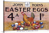 “Easter Eggs” by John Horn is a captivating artwork that marries rustic charm with vibrant allure. The piece features a beautifully illustrated hen guarding her colorful brood of Easter eggs. Each egg, meticulously detailed and rich in color, sits against the backdrop of an aged brick wall inscribed with vintage typography.