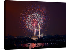  “July 4th fireworks, Washington, D.C. (LOC)” is a breathtaking artwork that captures the iconic Independence Day celebration in the heart of America’s capital. The artwork features a mesmerizing view of July 4th fireworks illuminating the night sky over Washington, D.C., with a vibrant explosion of red and white sparks dominating the center.