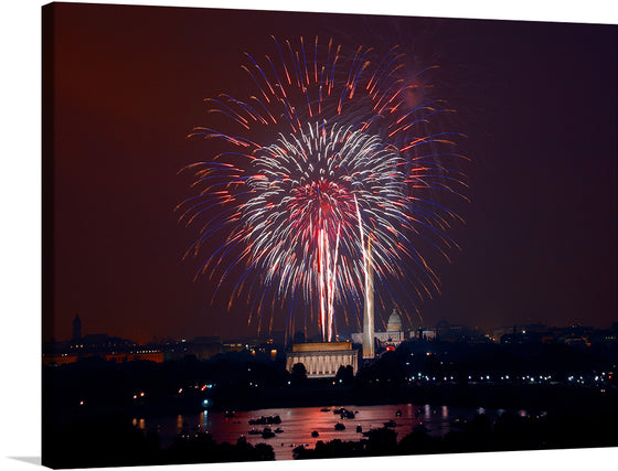 “July 4th fireworks, Washington, D.C. (LOC)” is a breathtaking artwork that captures the iconic Independence Day celebration in the heart of America’s capital. The artwork features a mesmerizing view of July 4th fireworks illuminating the night sky over Washington, D.C., with a vibrant explosion of red and white sparks dominating the center.