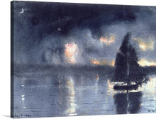  “Sailboat and Fourth of July Fireworks” by Winslow Homer is a stunning artwork that captures the beauty of nature and the exuberance of Independence Day. The painting features a serene sailboat silhouetted against the vibrant display of fireworks illuminating the night sky, reflecting mesmerizing lights upon the tranquil waters.