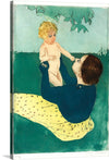 Immerse yourself in the tender embrace captured in this exquisite artwork, available as a limited edition print. A moment of pure connection is frozen in time, where a figure, adorned in a deep blue attire with contrasting yellow patterned fabric, holds a child amidst a backdrop painted with rich hues of green. The child’s innocent gaze and the figure’s affectionate hold weave a narrative of love and bonding.