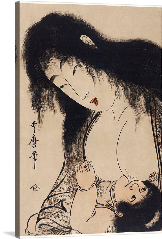 “Yamauba no Chichi o Suh Kintaro (1753-1806)” invites you to a timeless embrace—a moment captured by the esteemed Utamaro Kitagawa. In this exquisite piece from the Edo period, a woman leans over a child, her long black hair cascading. Their connection transcends the canvas; it’s a testament to love and nurturing. 