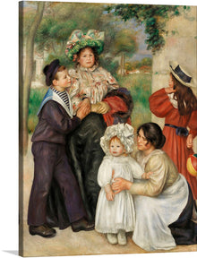  Immerse yourself in the elegance and charm of a bygone era with this exquisite art print. The artwork captures a tender moment among a group of individuals, adorned in period attire, sharing an intimate gathering amidst the lush greenery of nature. Every brushstroke brings to life the rich fabrics and intricate details of their clothing, evoking a sense of nostalgia and timeless beauty. 