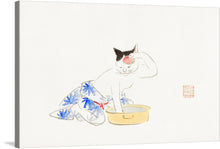  This is the Album of Ichiryusai Hiroshige's Sketches (1850) created by Utagawa Hiroshige. This specific piece is of a cat touching their forehead while putting their other paw in a shallow pot full of water. This art piece was done with watercolor paints, and I urge you to explore the rest of ichiryusai Hiroshige's Sketches.