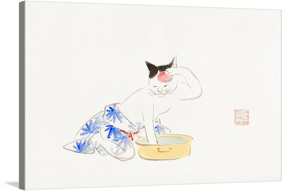 This is the Album of Ichiryusai Hiroshige's Sketches (1850) created by Utagawa Hiroshige. This specific piece is of a cat touching their forehead while putting their other paw in a shallow pot full of water. This art piece was done with watercolor paints, and I urge you to explore the rest of ichiryusai Hiroshige's Sketches.