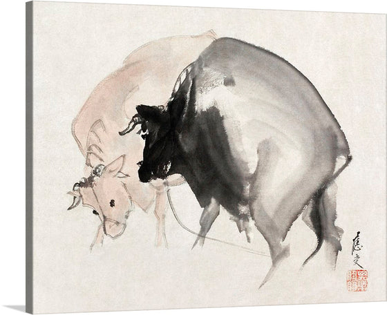 “Bulls (1810)” is a beautiful and timeless piece of art by Maruyama Oju, a well-known painter of animals. The print features two bulls in a traditional Japanese style, with a minimal color palette and fluid brushstrokes. The bulls are depicted in a spontaneous and intuitive style that mirrors the popularity of haiku poetry.