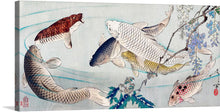  Dive into the serene world captured in this exquisite artwork, where a harmonious dance of koi fish unfolds against a backdrop of gentle waves and blossoming flora. Each koi, meticulously detailed and boasting distinct patterns and hues, symbolizes prosperity and good fortune. The elegant strokes and subtle color palette breathe life into this timeless scene, making it a perfect print to grace your walls with an infusion of peace, beauty, and positive energy.
