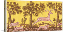  This beautiful print of a deer in a forest is a perfect addition to any nature lover’s home. The warm yellow background and intricate details of the trees and deer make it a unique piece that will stand out in any room. The deer is depicted leaping over a fallen tree, with a light brown coat and darker brown spots.