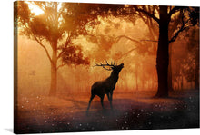  This stunning print of a majestic elk with horns in a forest is a must-have for any nature lover or art enthusiast. The elk is the focal point of the print, and its magnificent antlers and powerful form are immediately apparent.