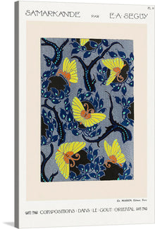  This beautiful print by E. A. Ségu is a must-have for any art lover. The intricate butterfly pochoir pattern in Art Nouveau oriental style is a stunning example of the artist’s skill and creativity. The print features yellow and orange butterflies with black outlines arranged in a repeating pattern. 