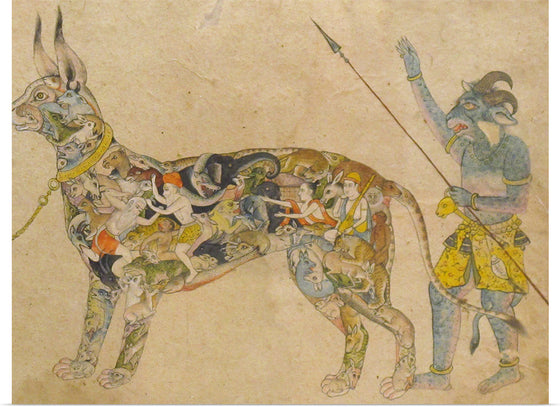 "Fictional cat detail from Pari holding a unique animal. 19th cent. Rajput style Bhopal museum"