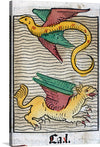 Dive into a world of myth and mystery with this captivating print, “A Flying Fish and a Griffin”. The artwork features two mythical creatures, each a blend of various animals, rendered in vibrant hues against a backdrop of intricate line work that evokes the tumultuous waves of an ancient sea. The top creature, a flying fish, and the one below, a griffin, invite viewers into a narrative woven with threads of mythology and imagination.