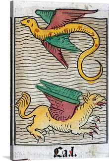  Dive into a world of myth and mystery with this captivating print, “A Flying Fish and a Griffin”. The artwork features two mythical creatures, each a blend of various animals, rendered in vibrant hues against a backdrop of intricate line work that evokes the tumultuous waves of an ancient sea. The top creature, a flying fish, and the one below, a griffin, invite viewers into a narrative woven with threads of mythology and imagination.