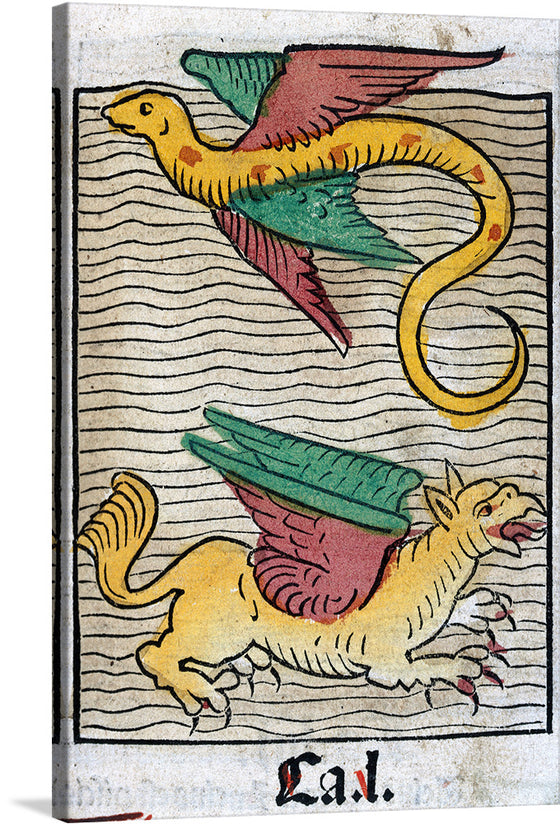 Dive into a world of myth and mystery with this captivating print, “A Flying Fish and a Griffin”. The artwork features two mythical creatures, each a blend of various animals, rendered in vibrant hues against a backdrop of intricate line work that evokes the tumultuous waves of an ancient sea. The top creature, a flying fish, and the one below, a griffin, invite viewers into a narrative woven with threads of mythology and imagination.