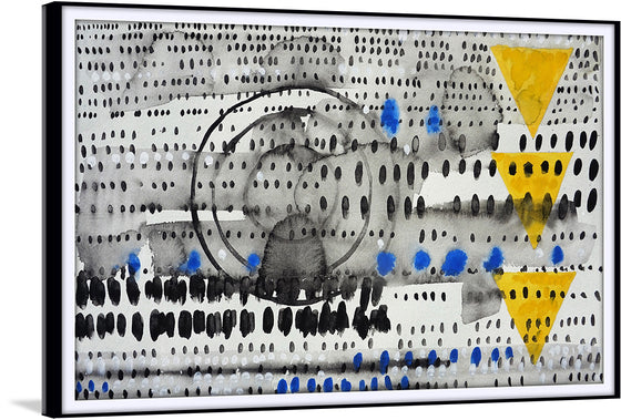 This abstract watercolor painting has black marks moving across the page and is reminiscent of old calligraphy marks or numbers in an equation. A spiral sits in the center of the page and three yellow triangles are lined up vertically on the right. Codes is a mysterious painting with symbols and marks that seem to suggest a deeper spiritual meaning, if only they could be deciphered. 