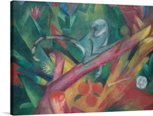  This captivating print, titled “The Monkey 1912”, is a reproduction of an original artwork by Franz Marc. It presents a solitary monkey, rendered in a delicate blue-grey hue, sitting amidst a lush forest of abstract shapes and vivid colors. The intertwining foliage, painted with bold strokes of green, red, and yellow, creates a mesmerizing backdrop that invites viewers into a realm where reality meets fantasy. 
