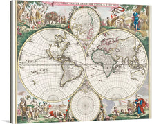  This stunning print of an antique world map, titled “Nova orbis tabvla in lvcem edita (1630-1706)”, is a testament to the spirit of exploration and discovery that defined a bygone era. The dual hemispheres, adorned with intricate geographical markings, are surrounded by vivid vignettes depicting people from various cultures and eras, as well as diverse fauna.