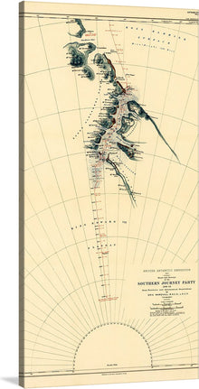  Adorn your space with a print of this captivating artwork, a detailed map from the British Antarctic Expedition, showcasing the intricate journey of the Southern Journey Party. The meticulous details, marked routes, and geographical contours breathe life into an epic tale of exploration and discovery. 