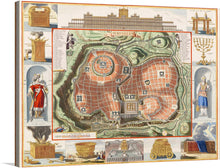  This print is a captivating 18th-century map of Jerusalem, rich in detail and historical significance. It’s not just a map, but a vibrant tapestry of the city’s history, adorned with illustrations of important landmarks and figures such as the Temple of Solomon, the Ark of the Covenant, and King David. 