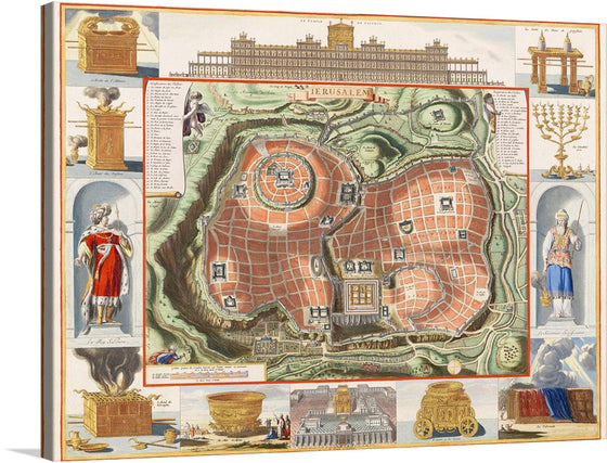 This print is a captivating 18th-century map of Jerusalem, rich in detail and historical significance. It’s not just a map, but a vibrant tapestry of the city’s history, adorned with illustrations of important landmarks and figures such as the Temple of Solomon, the Ark of the Covenant, and King David. 