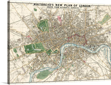  Immerse yourself in the intricate details of “Whitbread’s New Plan of London,” a captivating print drawn from authentic surveys. Each line, each curve, tells a story of the iconic city’s rich history and architectural splendor. The Thames River winds gracefully, a blue ribbon amidst the finely detailed streets and parks that have stood the test of time.