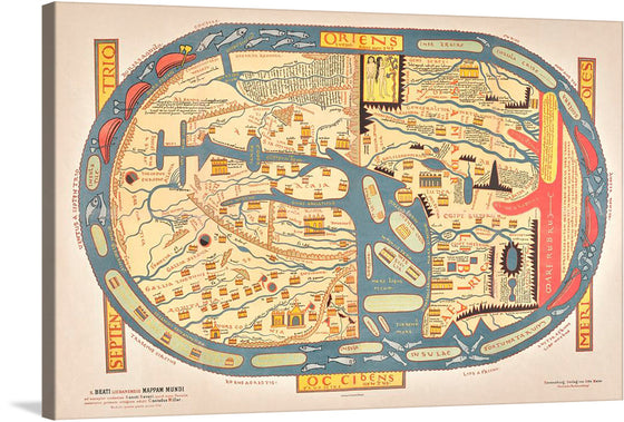 “S. Beati Liebanensis mappam mundi ad exemplar ecclesiae Snacto Severi, quod nunc Parisiis asservatur, primum integram edidit (1895)” by Conradus Miller is a stunning artwork that captures the intricate and detailed cartography of the ancient world. The circular map features various sections labeled “ORIENS”, “OCCIDENS”, “SEPTEN”, and more, each with intricate illustrations depicting cities or landmarks. 