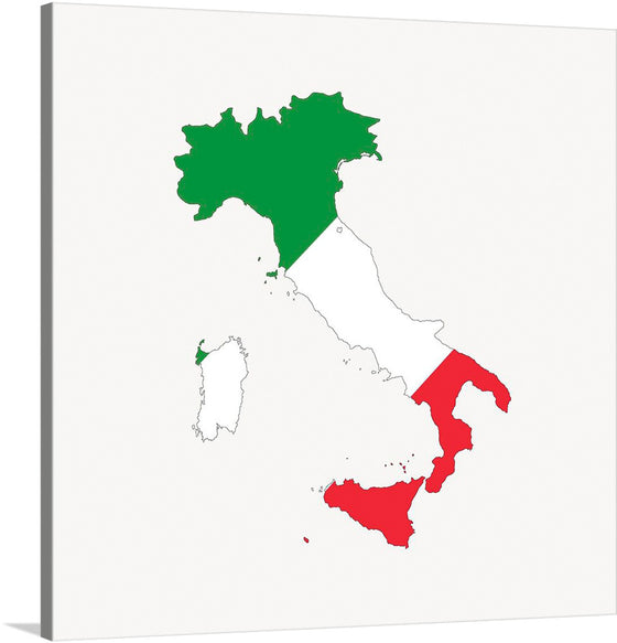 Immerse yourself in the vibrant culture and rich history of Italy with this minimalist yet evocative artwork. The piece captures the iconic shape of Italy, painted in the resplendent colors of the country’s flag - green, white, and red. 