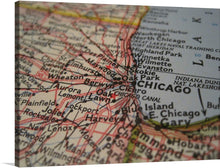  This print is a vibrant and detailed close-up of a map of the Chicago area. The map, with its rich colors and meticulous details, focuses on the city of Chicago and its surrounding suburbs. 