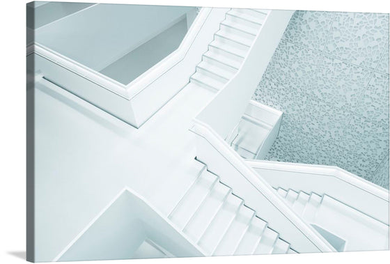 Step into a world of architectural elegance with this mesmerizing print capturing the serene beauty of a modern staircase design. The artwork, characterized by its pristine white stairs and intricate geometric patterns, invites viewers into a journey of depth, perspective, and tranquility. Every angle and shadow is meticulously captured to accentuate the harmonious blend of form and function.