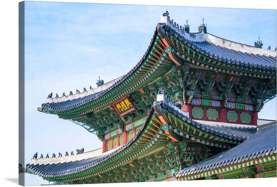 “Green and Red Temple” is a stunning print that captures the intricate artistry of traditional temple architecture. The artwork depicts an intricately designed temple roof adorned with vibrant green and red hues that breathe life into any space. 