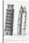  “Pisa Bell Tower” by George Ledwall Taylor. This artwork is a meticulous architectural drawing of the iconic leaning tower of Pisa, capturing both its external elegance and internal structure with an unparalleled level of detail. The left side of the drawing showcases the tower’s ornate design and multiple stories, while the right side presents a cross-sectional view exposing the internal structure and layout of each floor. 