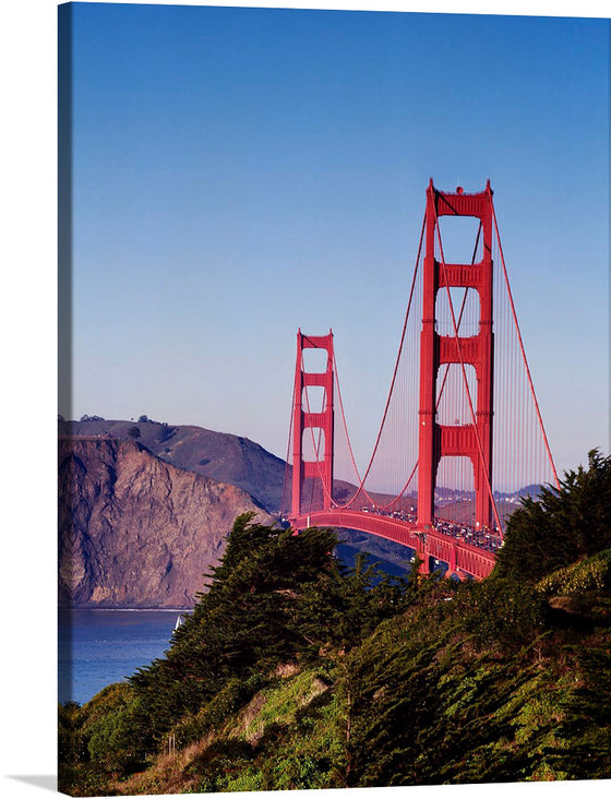 “Golden Gate Bridge, San Francisco, USA” by Carol M. Highsmith captures the iconic landmark in all its grandeur. The print immortalizes the bridge’s majestic red towers soaring above the tranquil waters of San Francisco Bay, set against a backdrop of rolling hills and a serene sky.