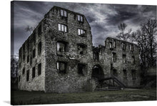  Immerse yourself in the haunting beauty of this exquisite print, capturing the enigmatic ruins of an old, abandoned brick building. Every crack and crevice tells a story of a time long past, echoing the silent songs of history. The dramatic interplay of light and shadow dances across the weathered stones, while ominous clouds gather overhead, evoking an atmosphere of mystery and allure.