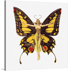  This captivating print captures the essence of transformation, blending the human form with the majesty of a butterfly. The figure stands with arms extended, the vibrant yellow and black wings spread wide in a display of freedom and elegance. The intricate details of the wings, adorned with red spots, and the minimalistic attire of the figure, draw the viewer into a world where art and nature intertwine.