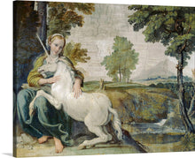  Step into a realm of Renaissance enchantment with Domenichino's "The Maiden and the Unicorn (1602)," now available as a captivating print.  Domenichino, an Italian Baroque painter, left an indelible mark on art history with his masterful compositions, delicate brushwork, and a keen ability to infuse his works with emotional depth and narrative richness.